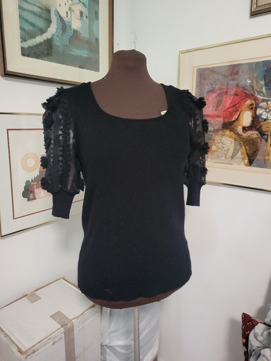Cato Tops - Cato Black Ribbed Knit T-shirt with Blouson Sleeves Size L